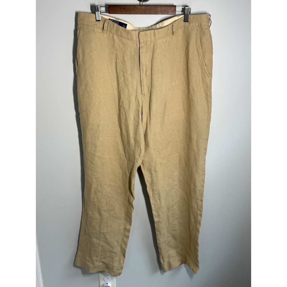 Polo Ralph Lauren Vintage 100% Linen Pants Mens 38x32 Tan Beige Straight Leg
